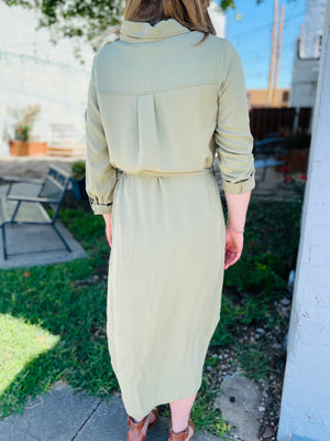 Light Olive Collared Button Down Midi Shirt Dress