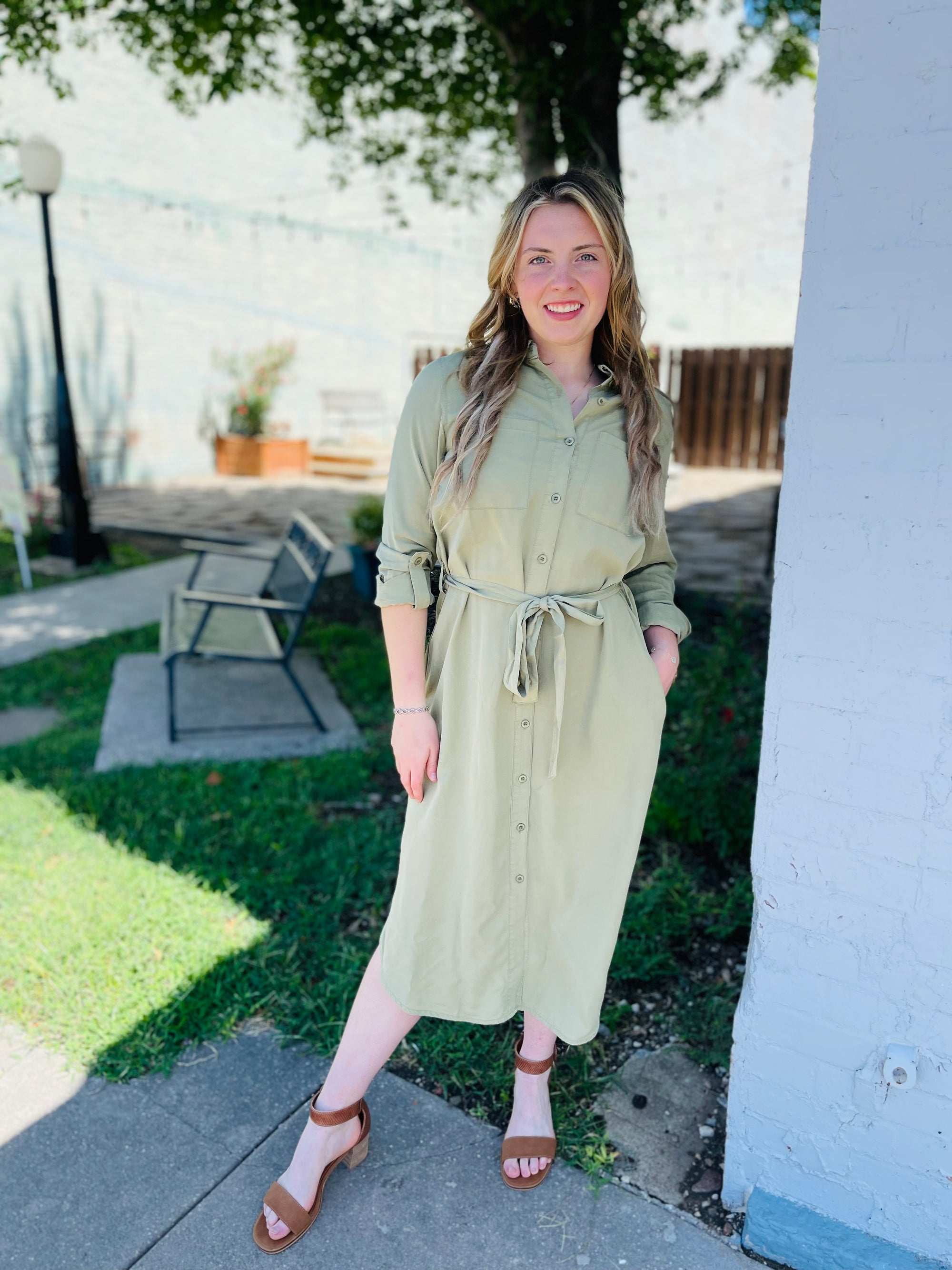 Light Olive Collared Button Down Midi Shirt Dress