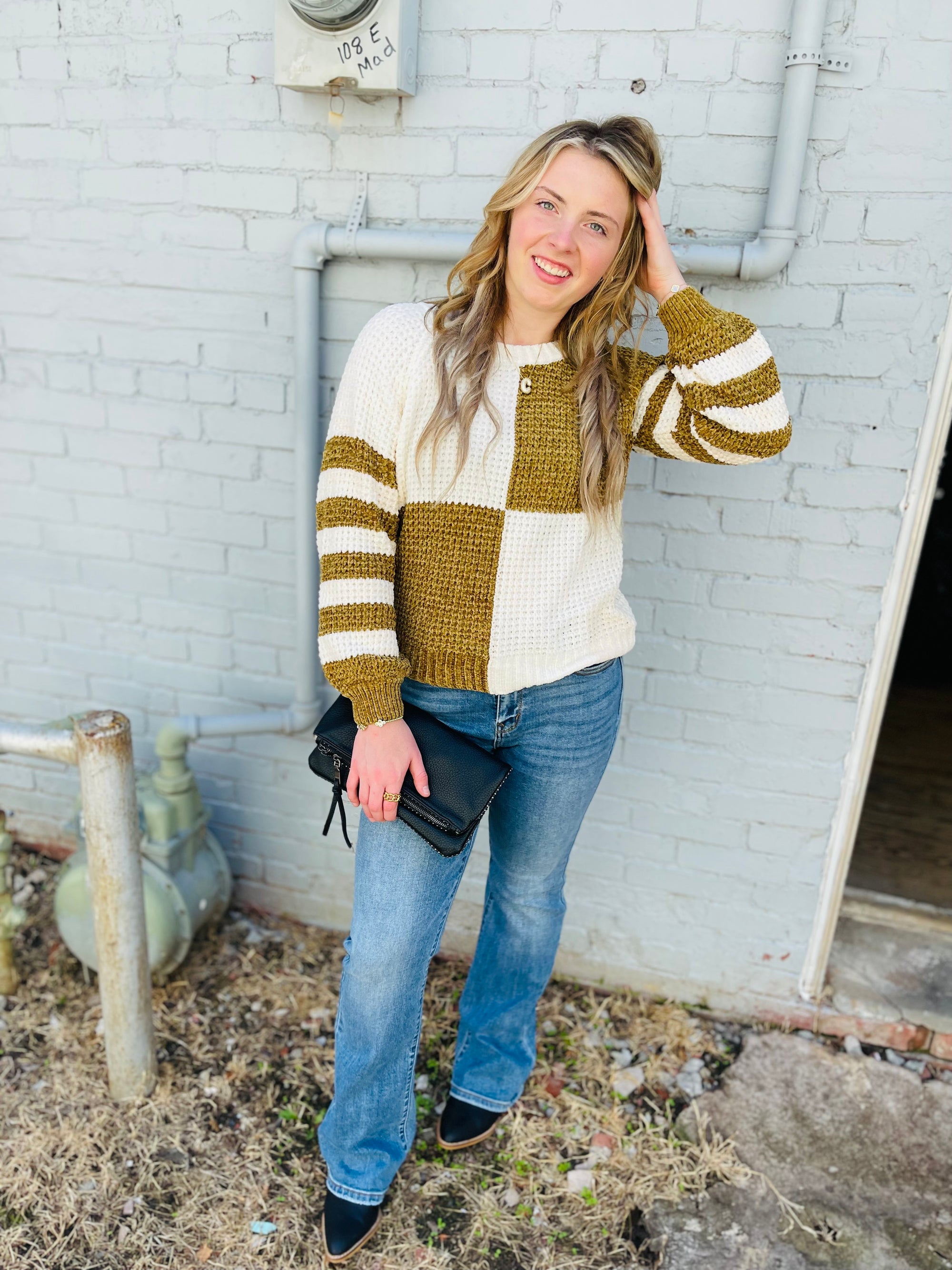 Mustard Chenille Checkered + Striped Knit Sweater