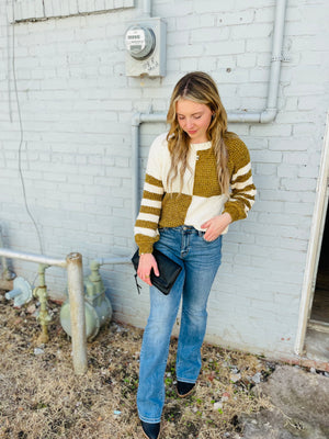 Mustard Chenille Checkered + Striped Knit Sweater