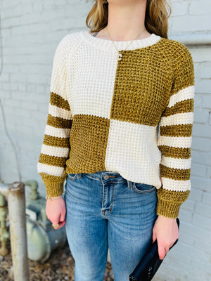 Mustard Chenille Checkered + Striped Knit Sweater