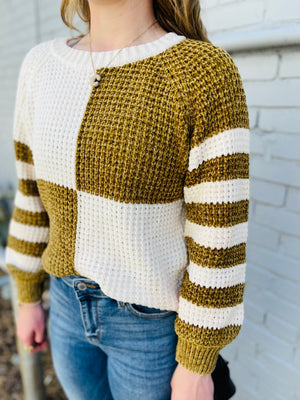 Mustard Chenille Checkered + Striped Knit Sweater