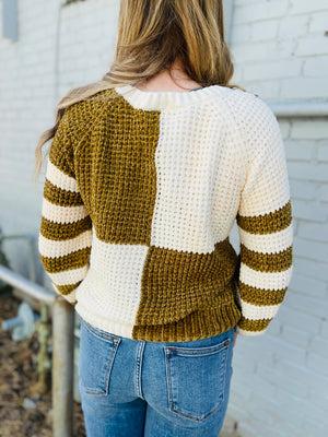 Mustard Chenille Checkered + Striped Knit Sweater