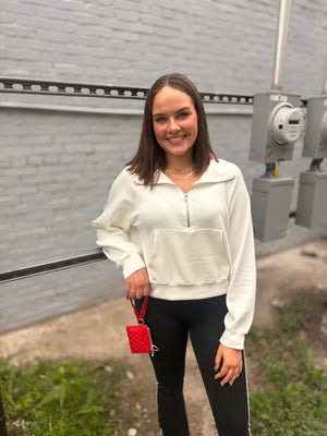 White Double Knit Half Zip Pullover Top