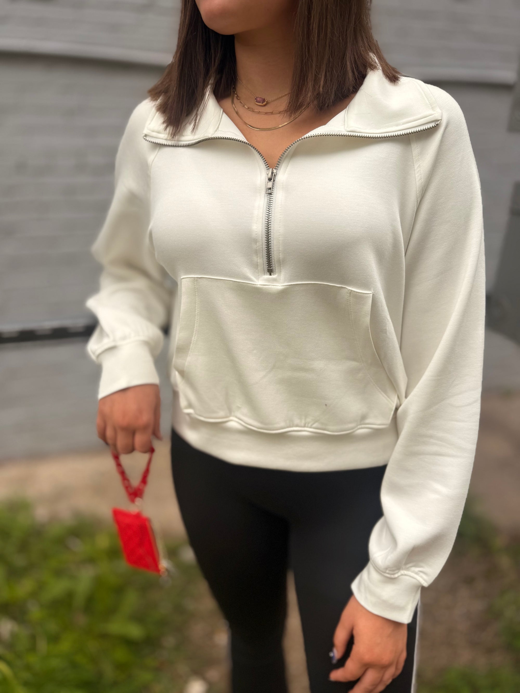 White Double Knit Half Zip Pullover Top