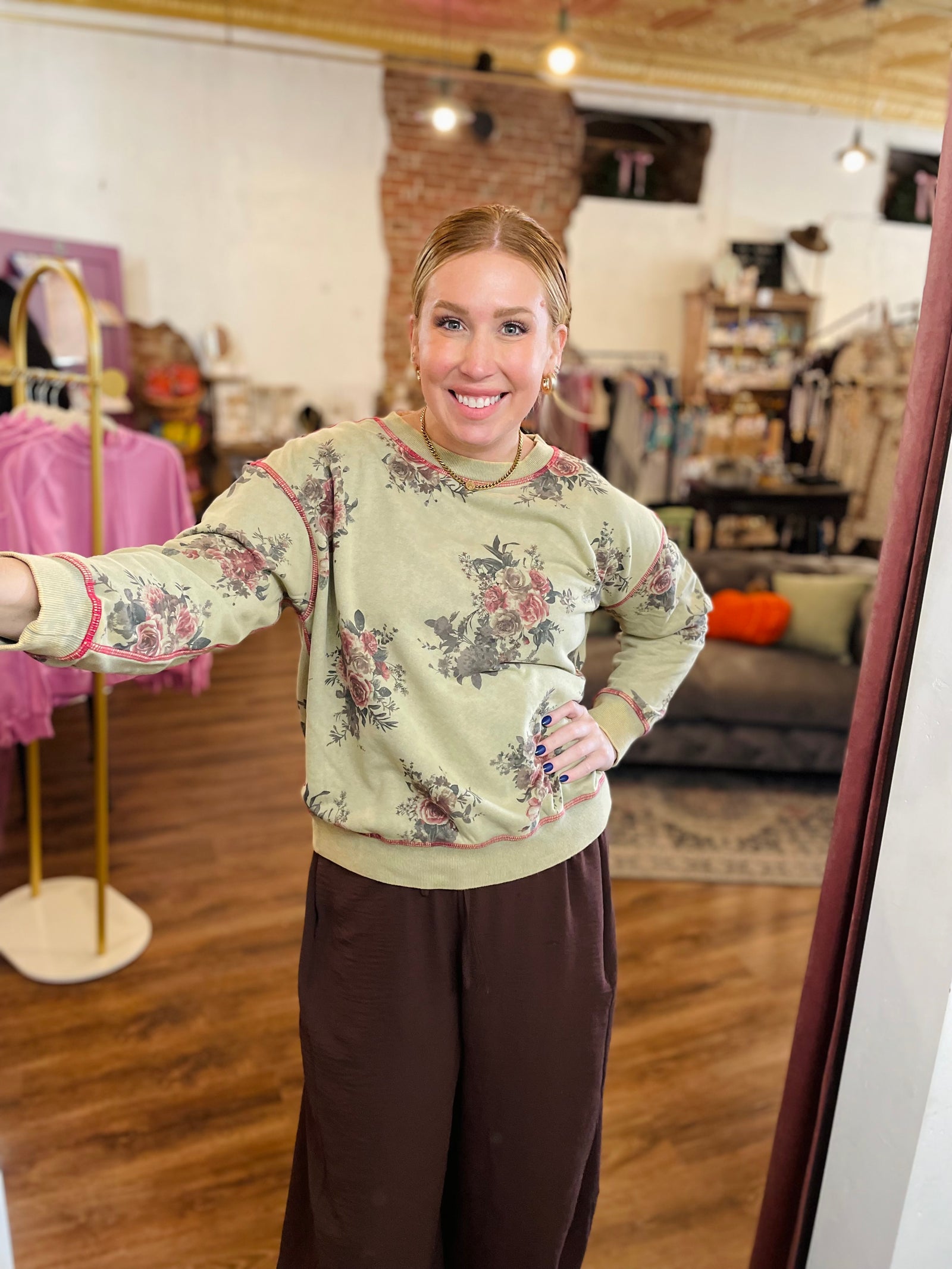 Easel Olive Mineral Wash Sweatshirt w/ Floral Print