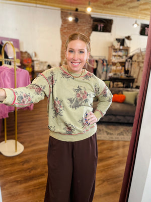 Easel Olive Mineral Wash Sweatshirt w/ Floral Print