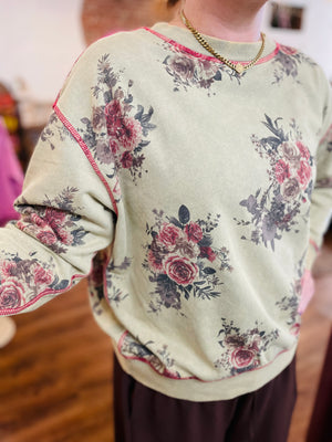 Easel Olive Mineral Wash Sweatshirt w/ Floral Print