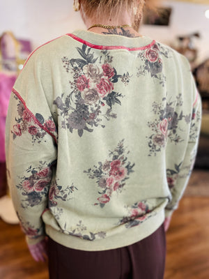 Easel Olive Mineral Wash Sweatshirt w/ Floral Print