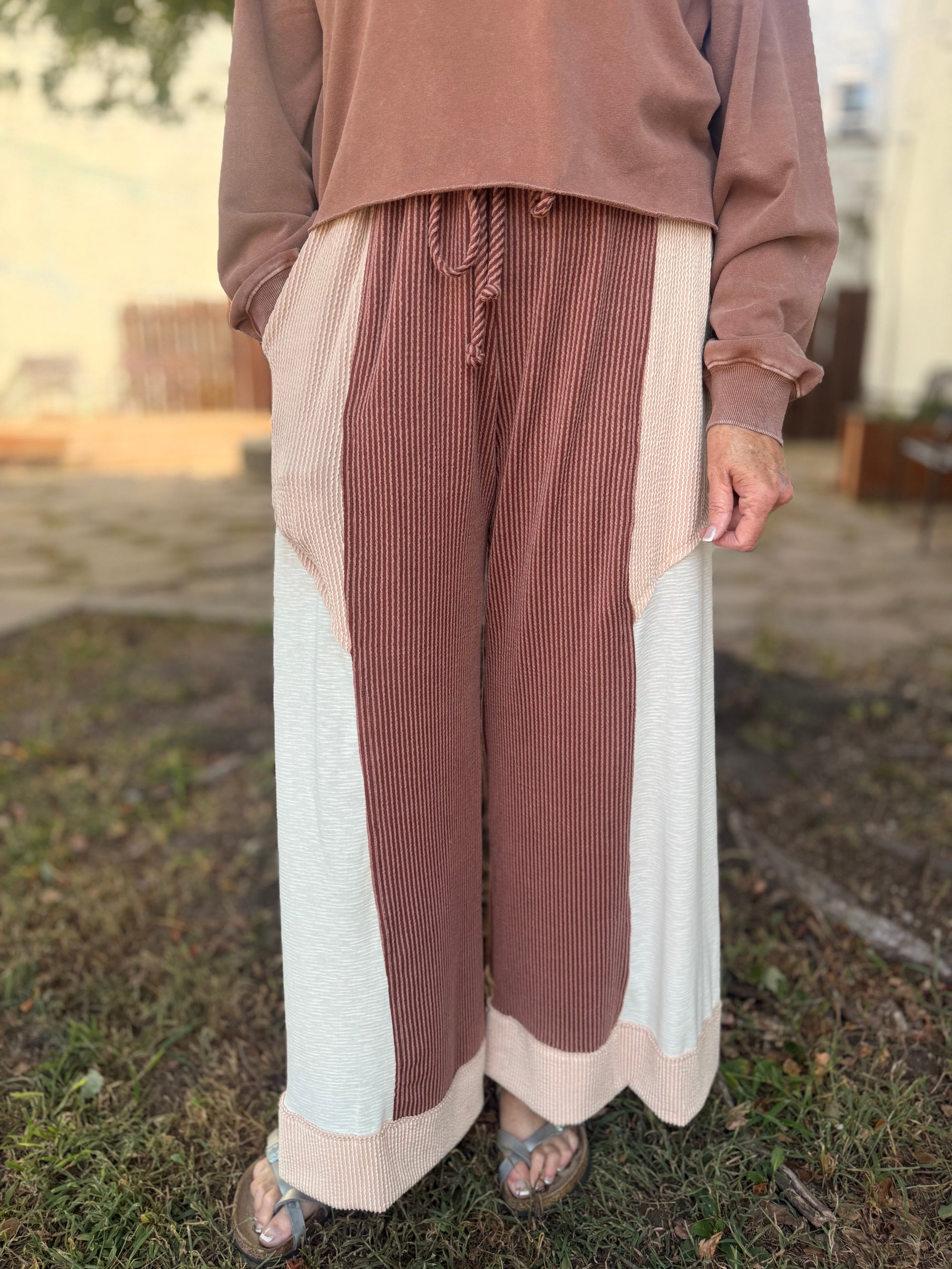 Rust Color Block Ribbed Wide Leg Pants
