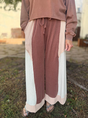 Rust Color Block Ribbed Wide Leg Pants