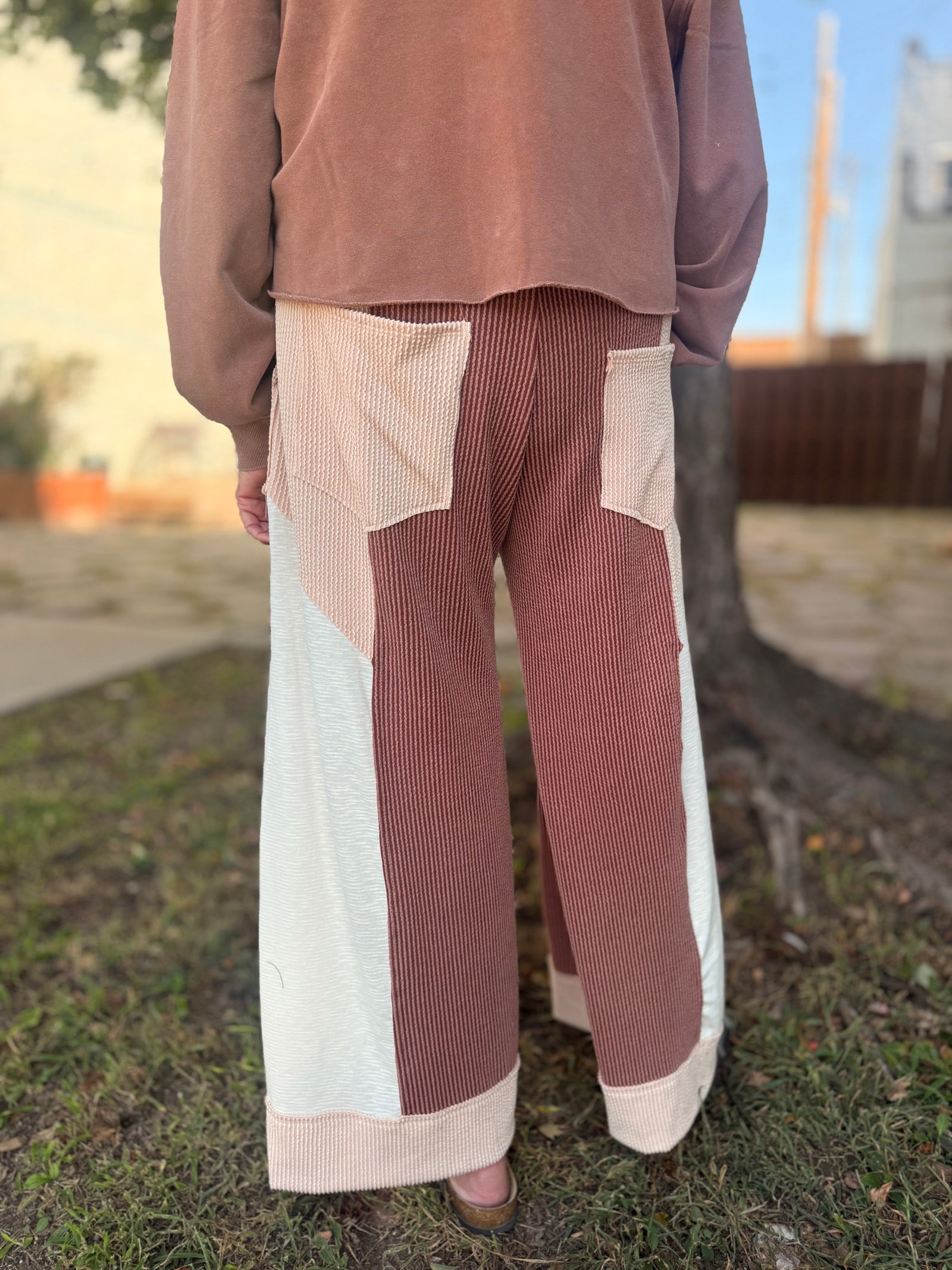 Rust Color Block Ribbed Wide Leg Pants