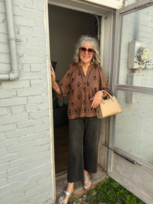 Umgee Brown Top w/ Black Floral Embroidery