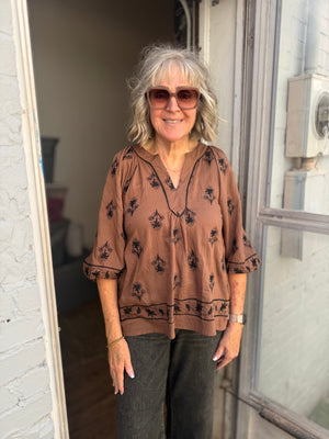 Umgee Brown Top w/ Black Floral Embroidery