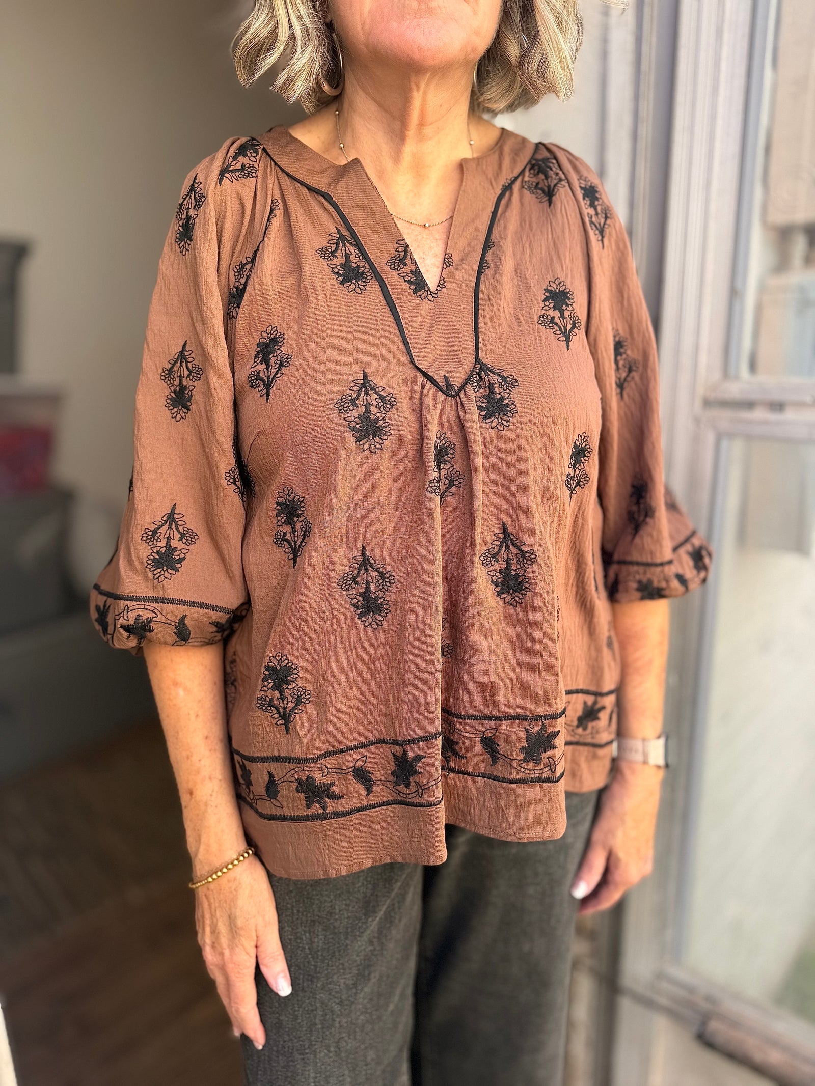 Umgee Brown Top w/ Black Floral Embroidery