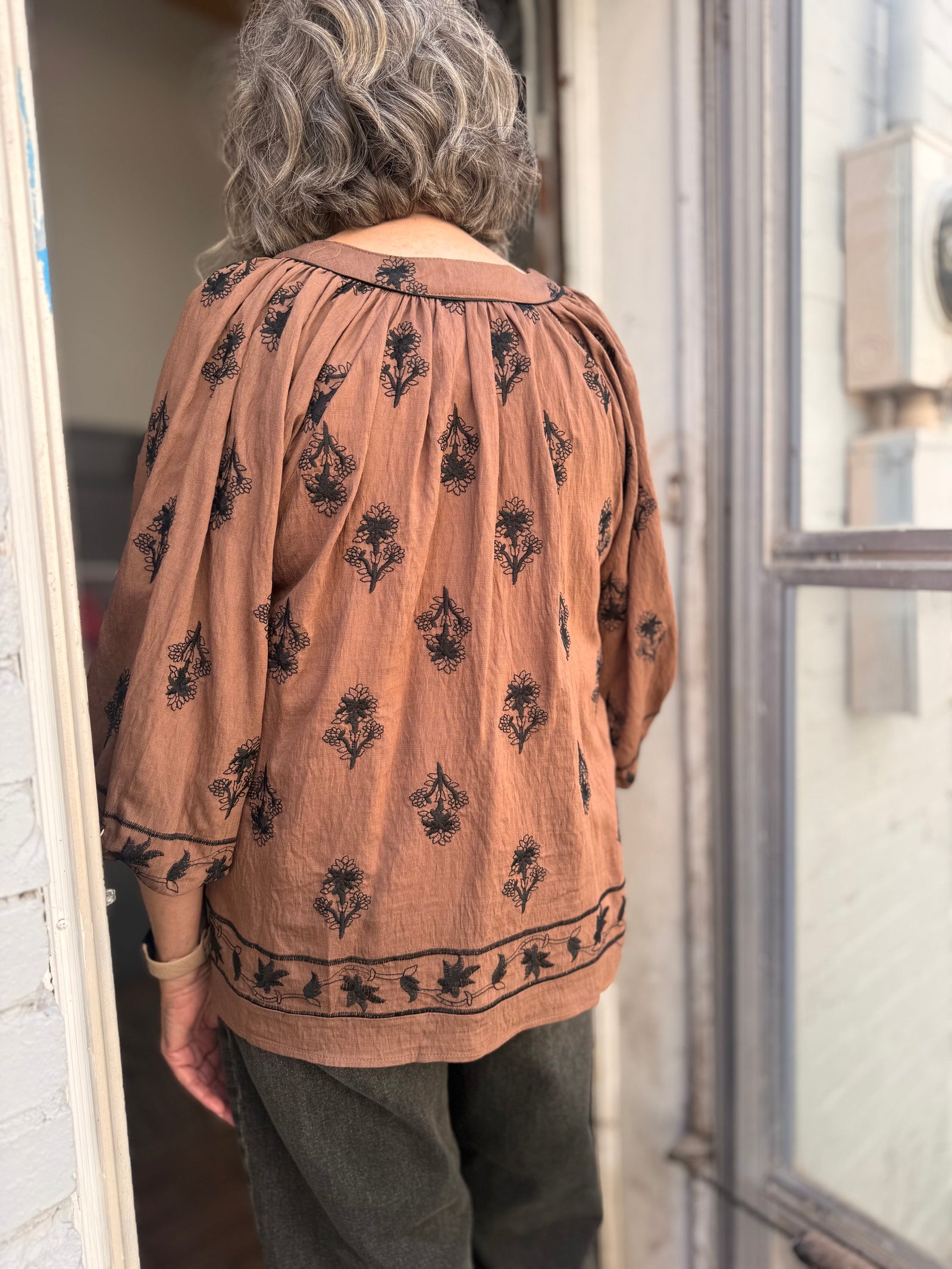 Umgee Brown Top w/ Black Floral Embroidery