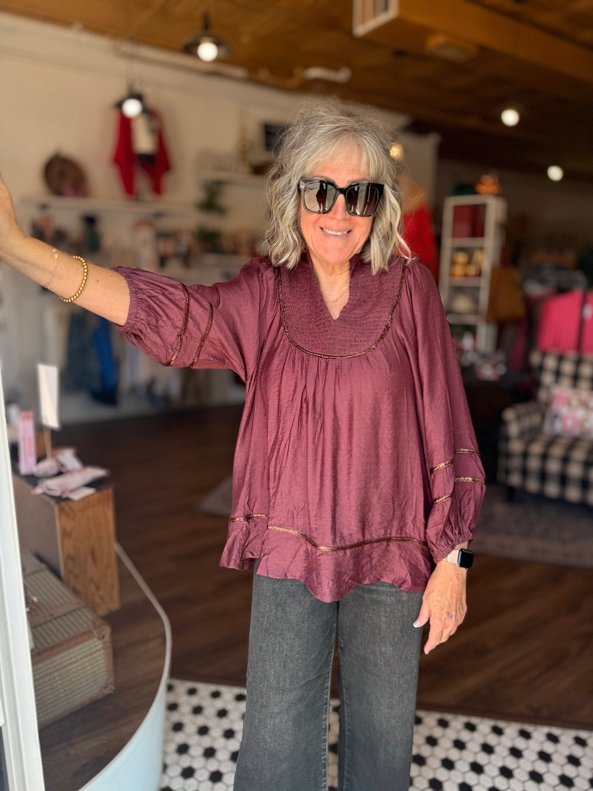 Umgee Merlot Balloon Sleeve Top w/ Metallic Piping