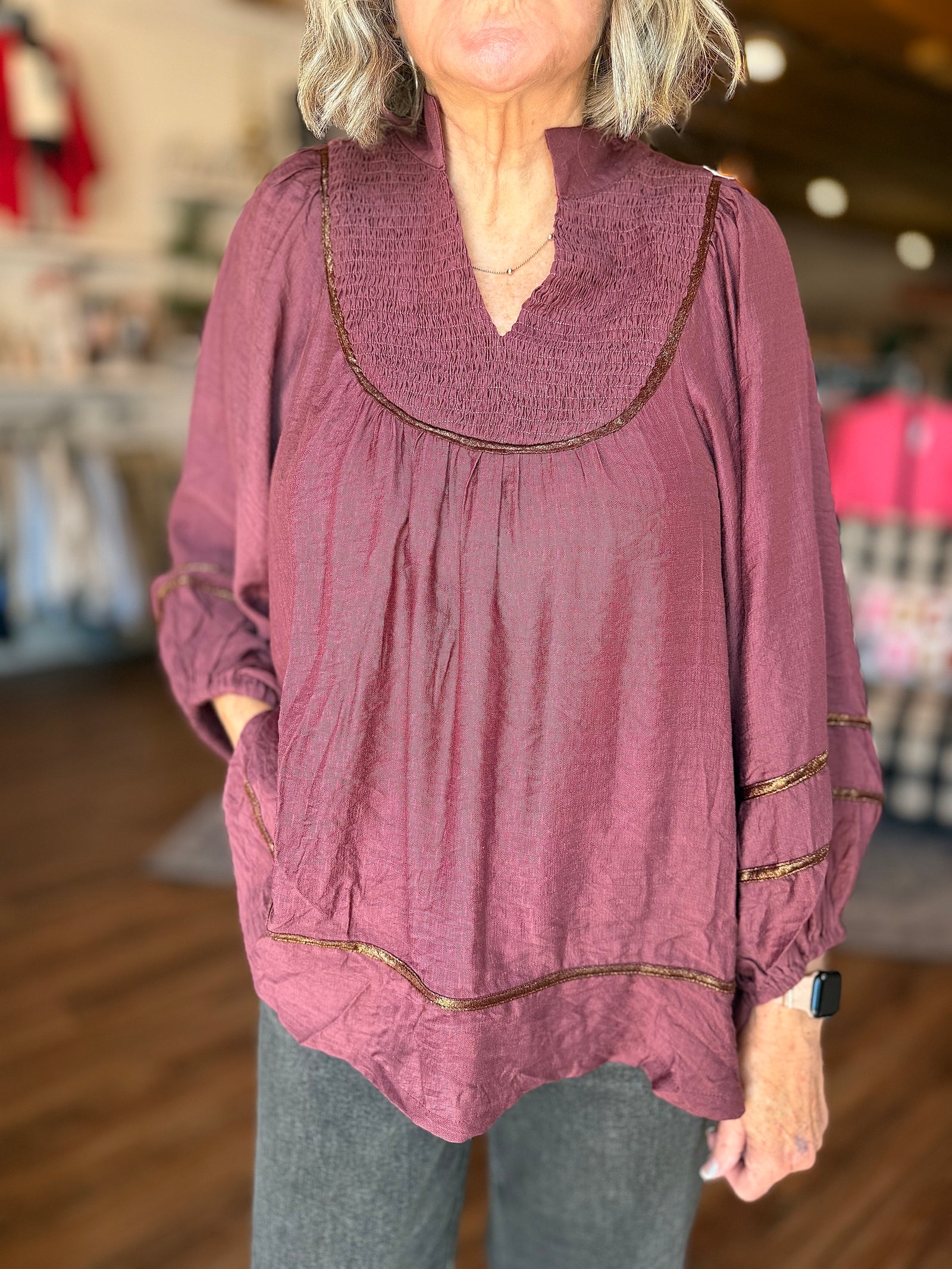 Umgee Merlot Balloon Sleeve Top w/ Metallic Piping