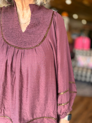 Umgee Merlot Balloon Sleeve Top w/ Metallic Piping