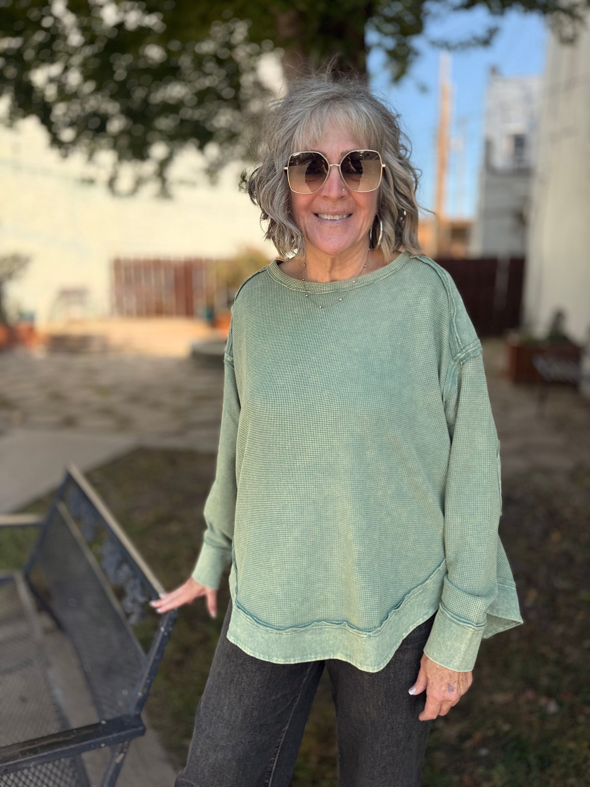 Sage Waffle Knit Mineral Wash Pullover Top
