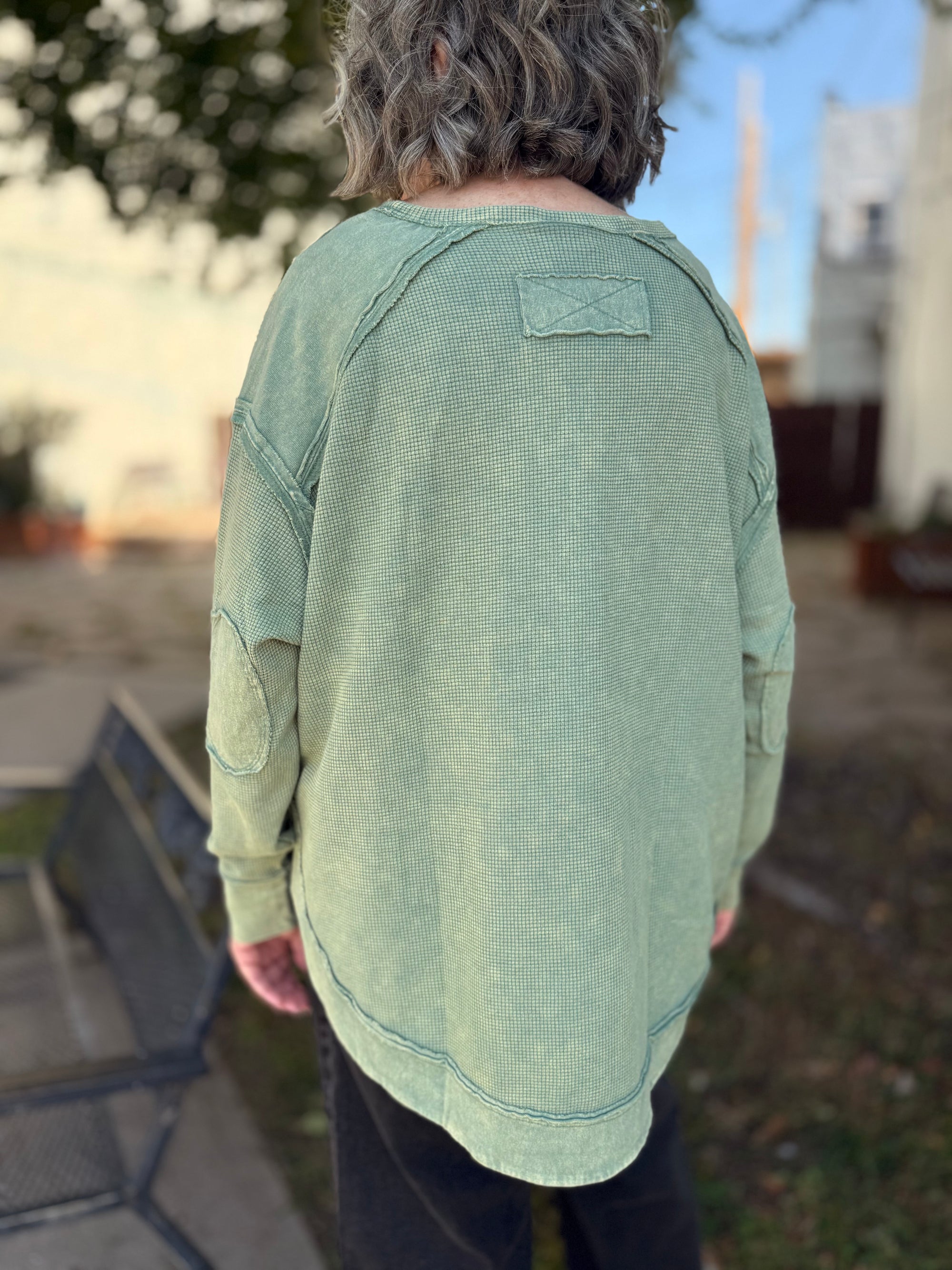 Sage Waffle Knit Mineral Wash Pullover Top