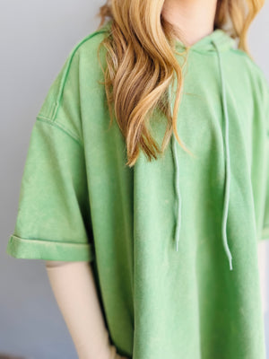 Green Oversized Washed Short Sleeve Hooded Top