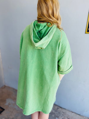 Green Oversized Washed Short Sleeve Hooded Top