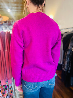 Magenta Solid Knit Pullover Sweater