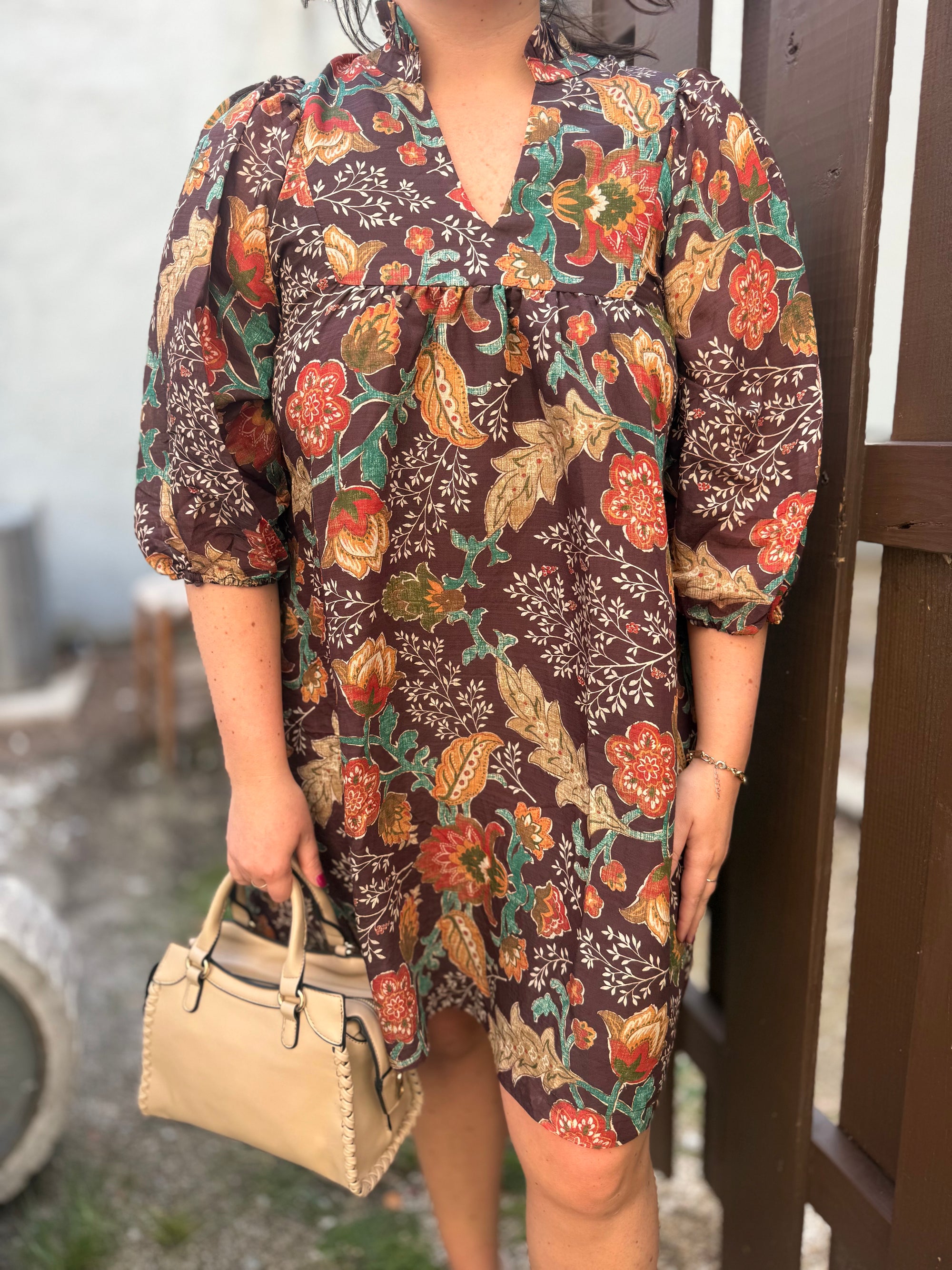 Umgee Brown Vintage Floral Print Mini Dress