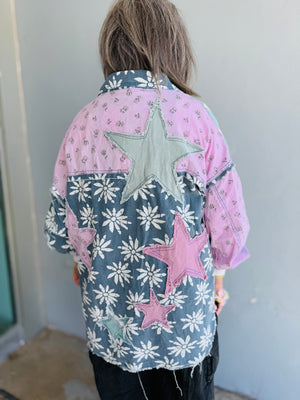 Blue + Pink Mix Star Patch Button Down Shirt