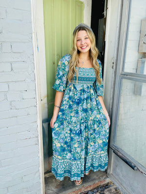 Emerald Teal Border Print Smocked Square Neck Dress