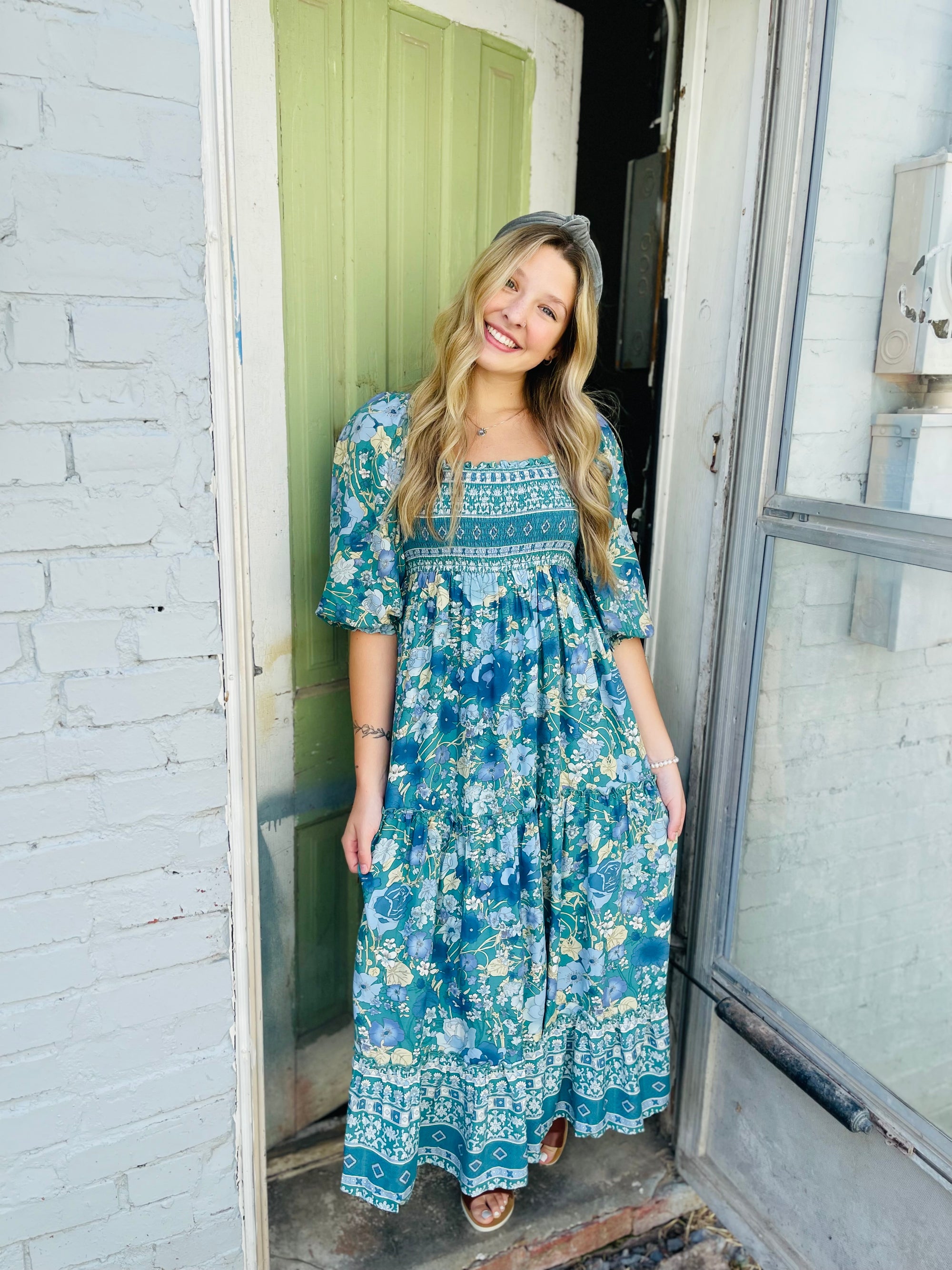 Emerald Teal Border Print Smocked Square Neck Dress