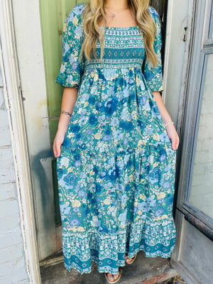 Emerald Teal Border Print Smocked Square Neck Dress