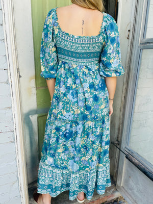 Emerald Teal Border Print Smocked Square Neck Dress