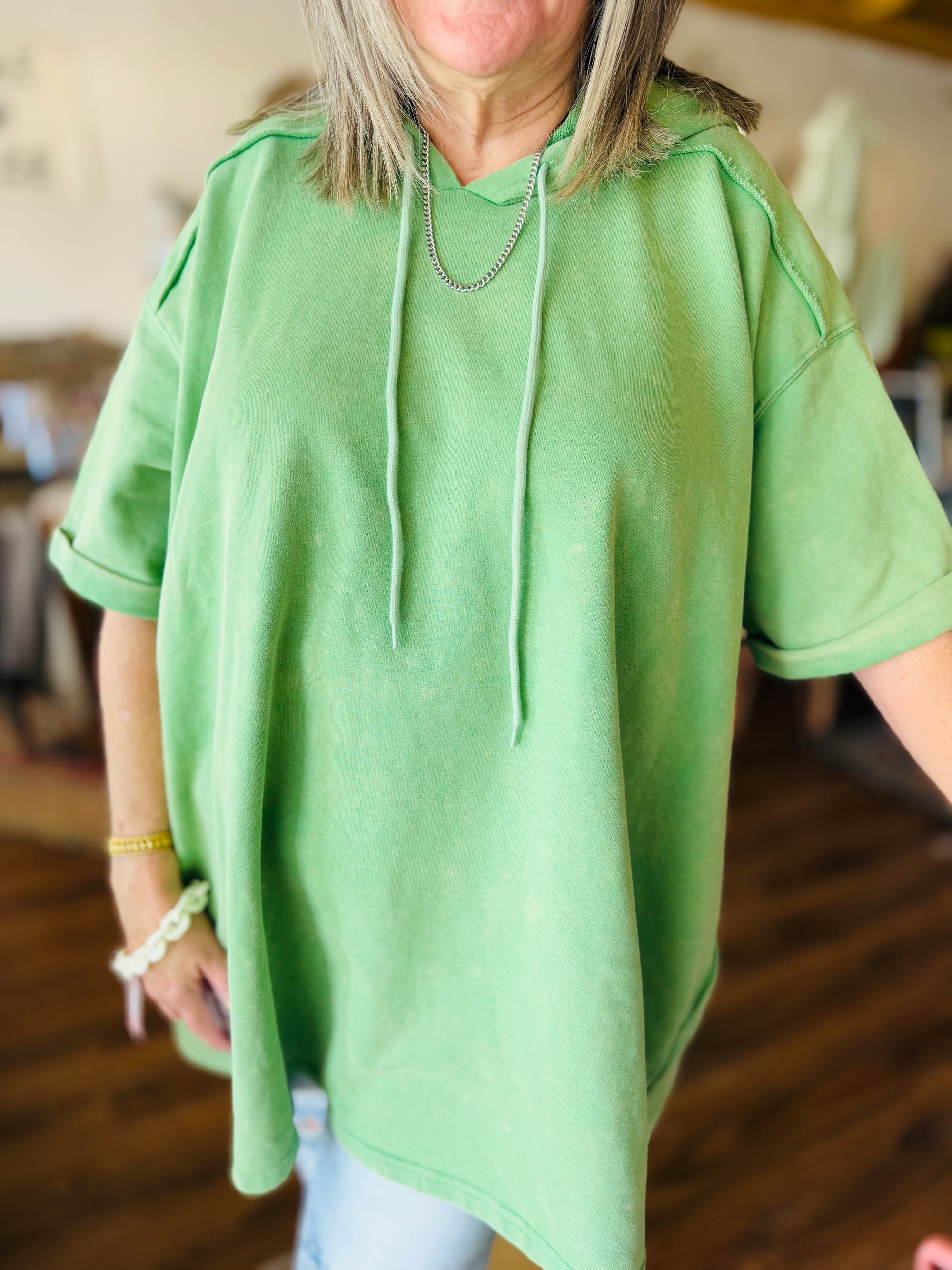 Green Oversized Washed Short Sleeve Hooded Top