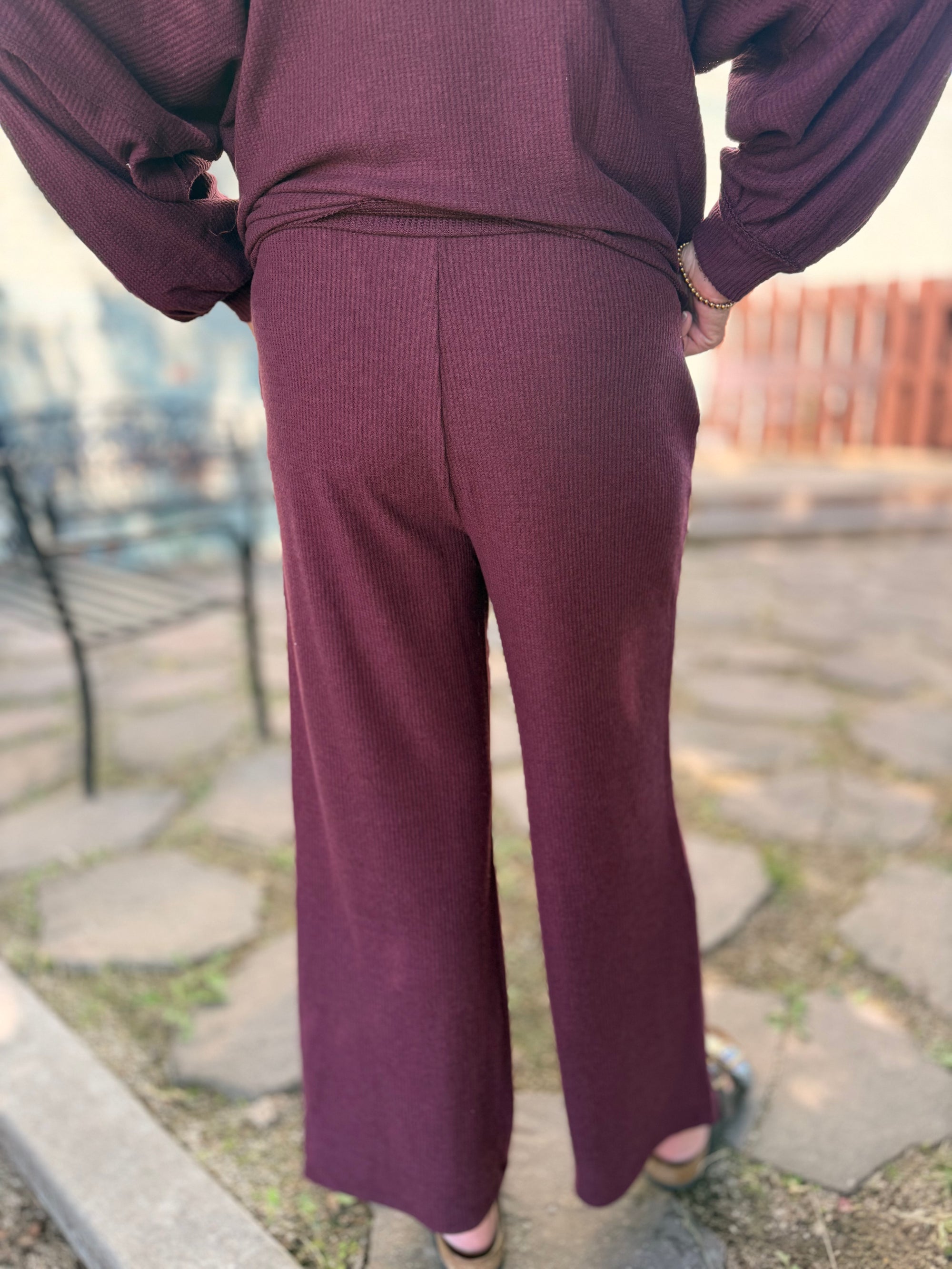Dark Cherry Brushed Waffle Wide Leg Sweatpants