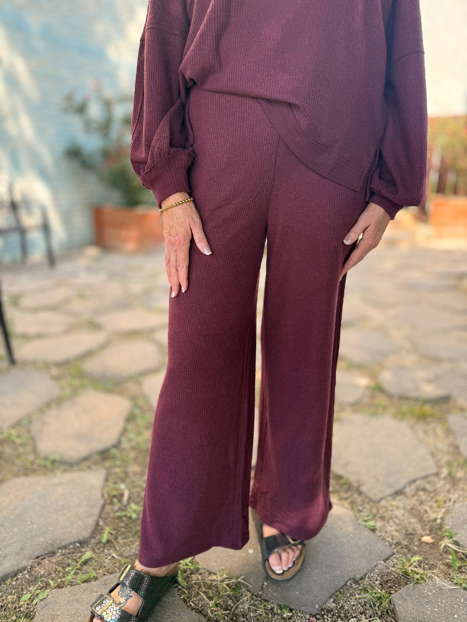 Dark Cherry Brushed Waffle Wide Leg Sweatpants