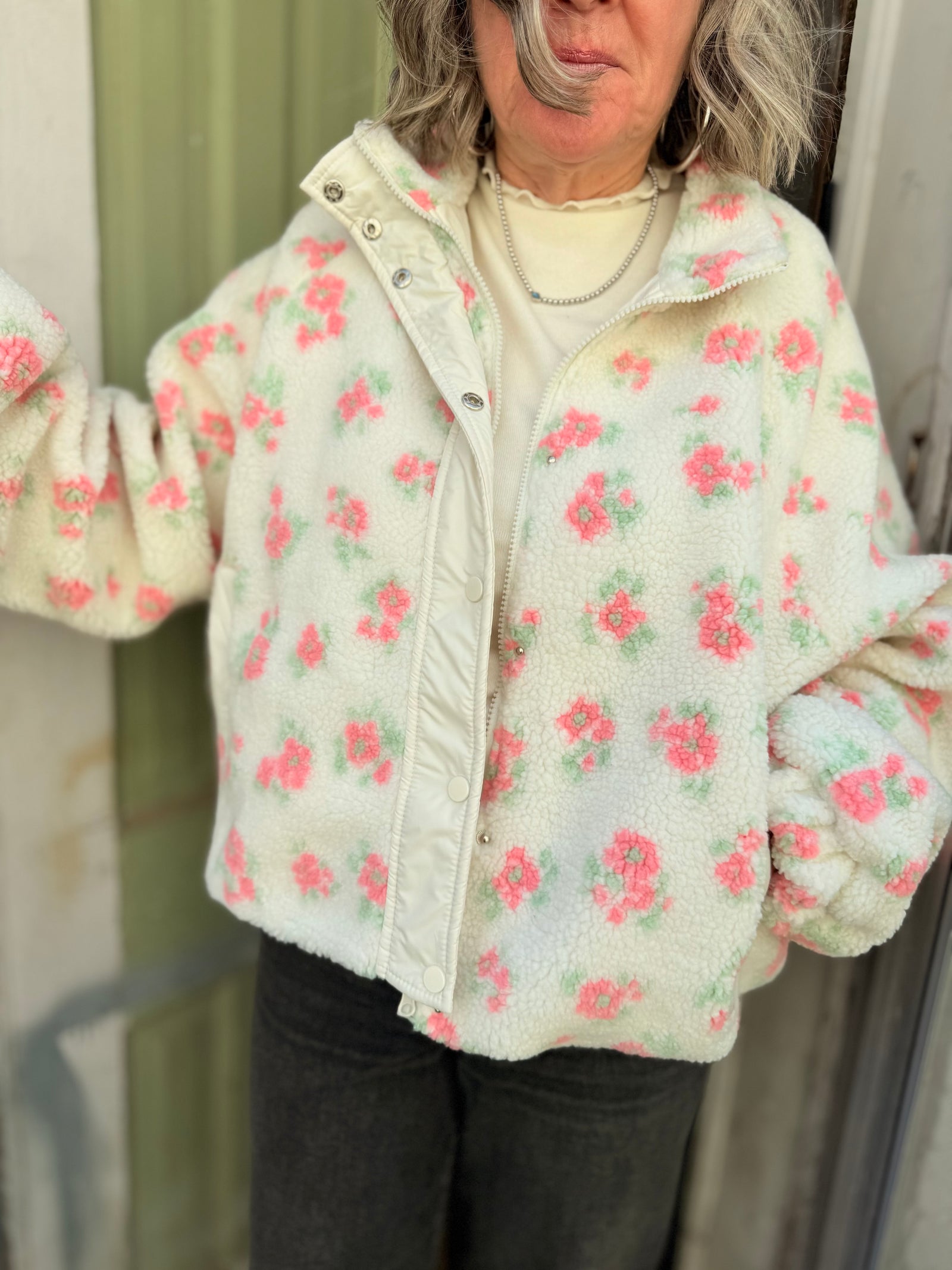 White + Pink Floral Sherpa Zip Jacket