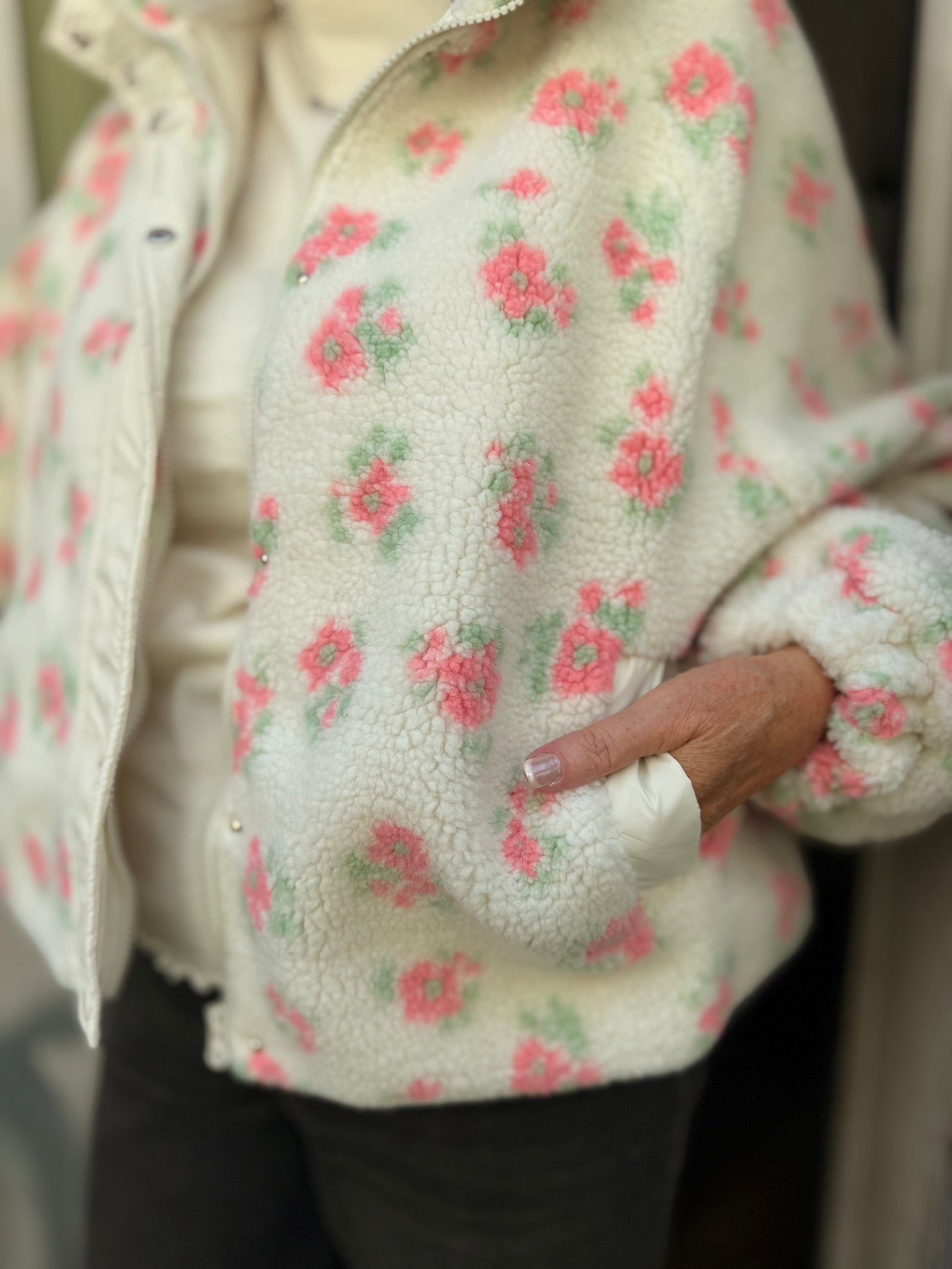 White + Pink Floral Sherpa Zip Jacket