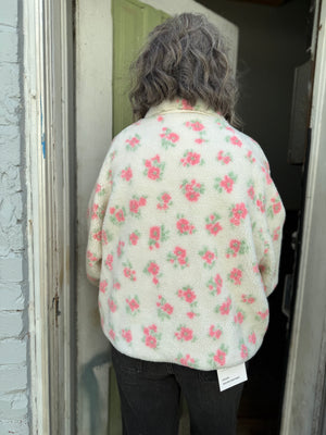 White + Pink Floral Sherpa Zip Jacket