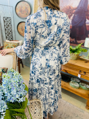 Blue Floral Long Sleeve Midi Dress W/ Metallic Stripe