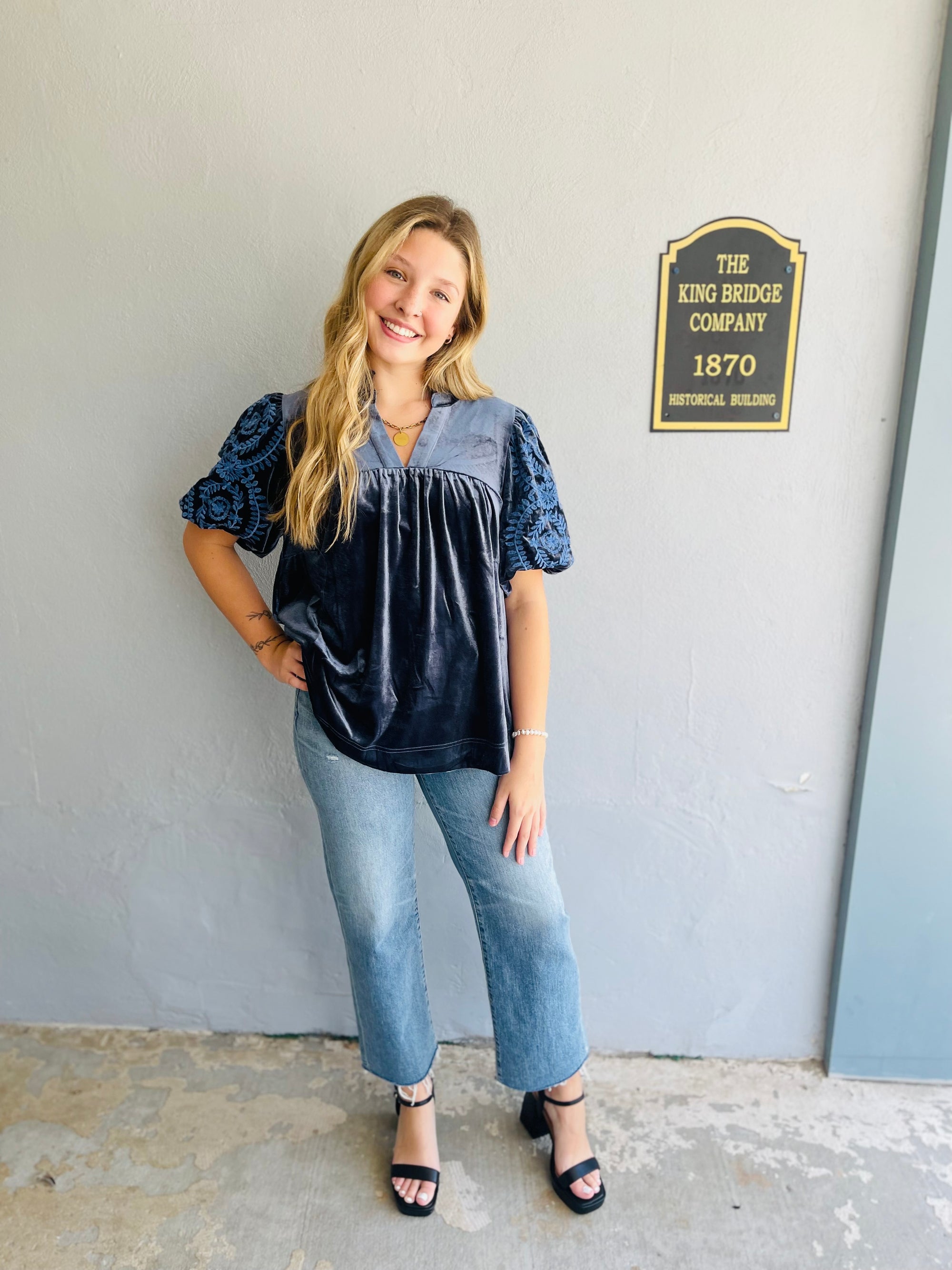 Slate Blue Velvet Top W/ Embroidered Bubble Sleeve