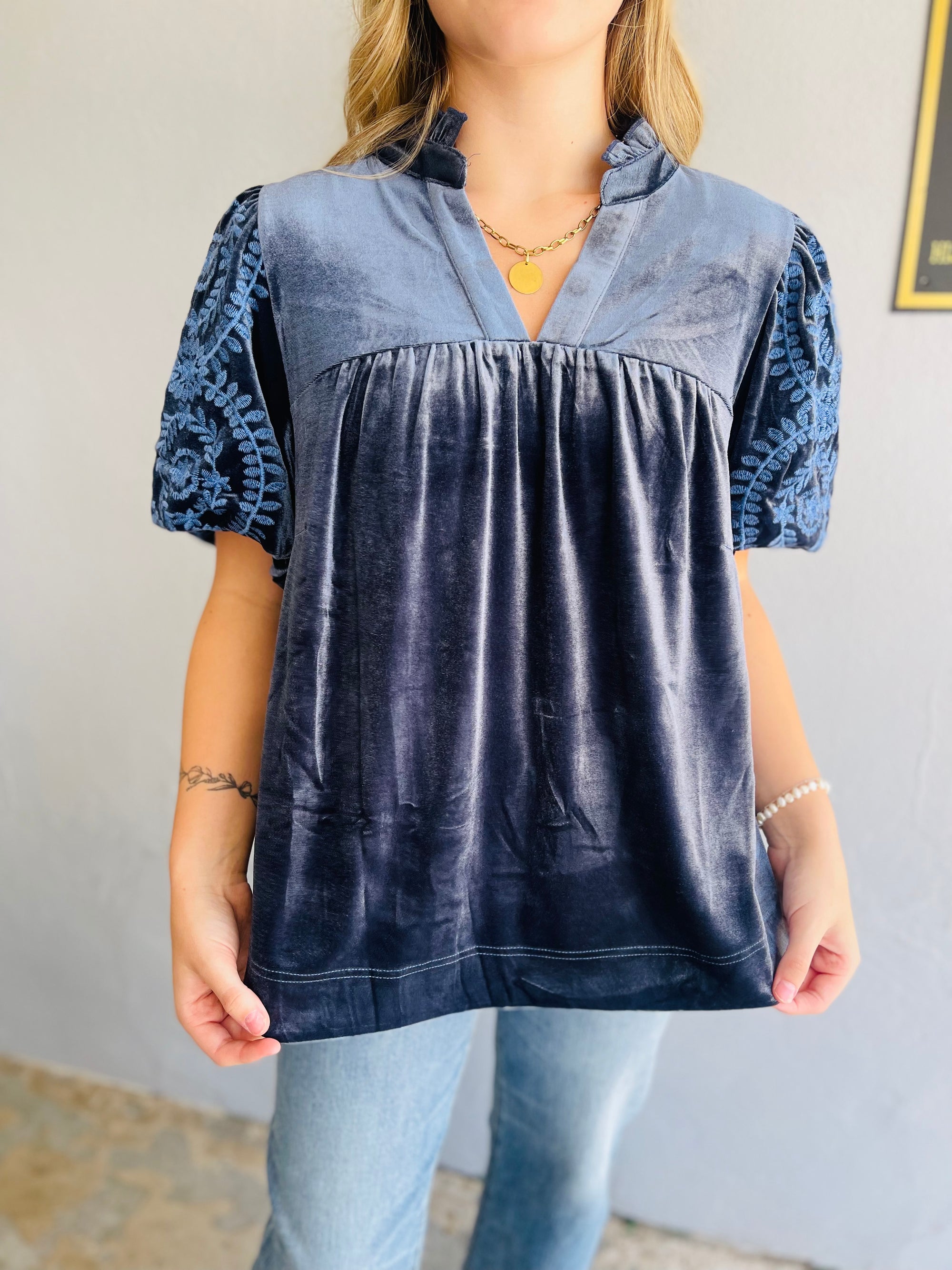 Slate Blue Velvet Top W/ Embroidered Bubble Sleeve