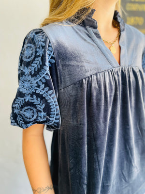 Slate Blue Velvet Top W/ Embroidered Bubble Sleeve