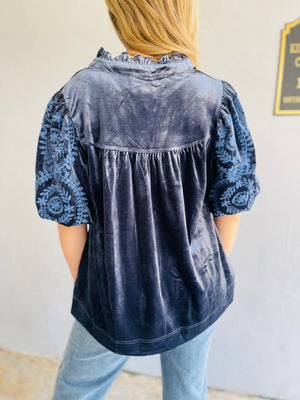 Slate Blue Velvet Top W/ Embroidered Bubble Sleeve