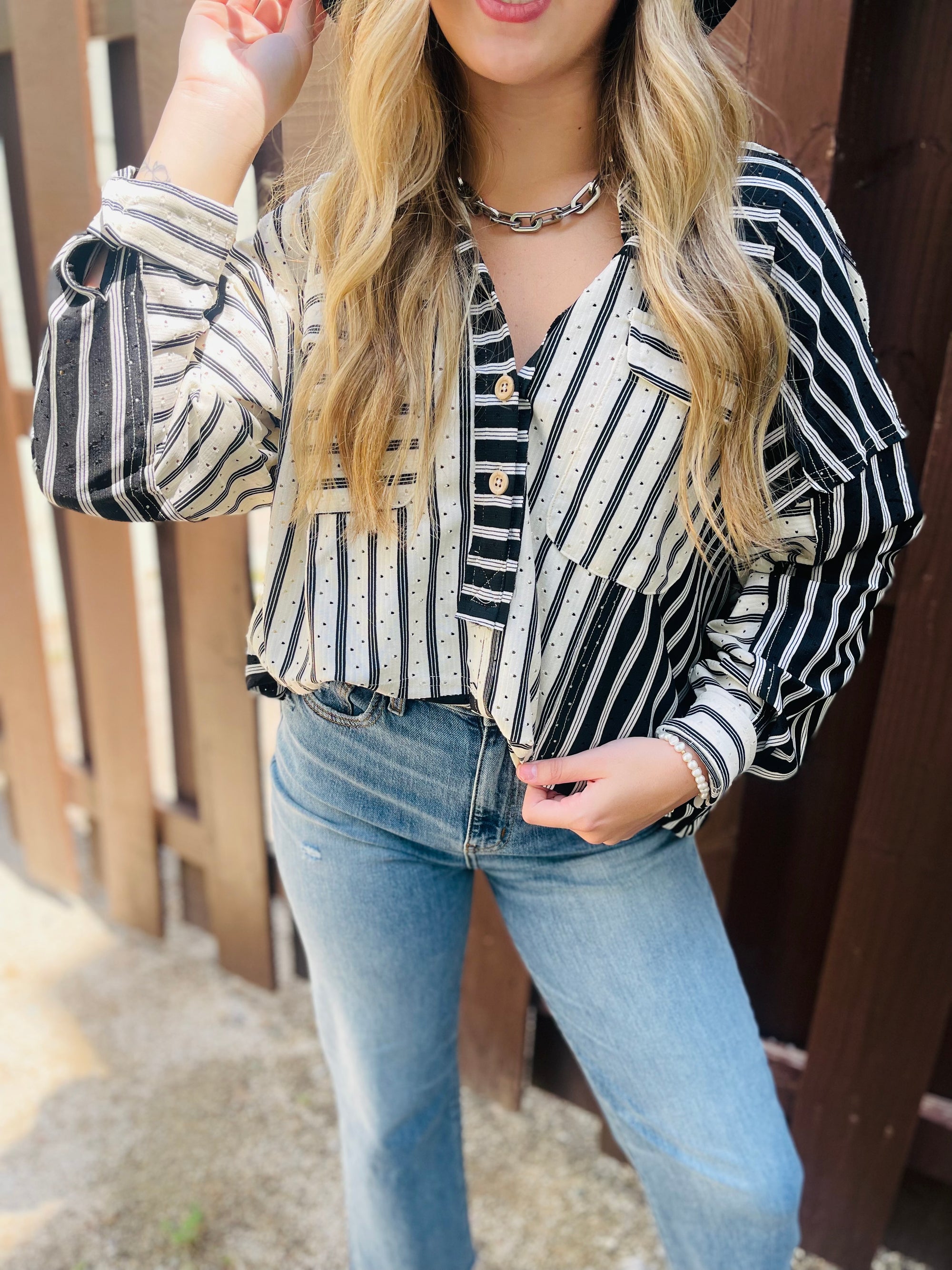 Black + White Stripe Perforated Quarter Button Top