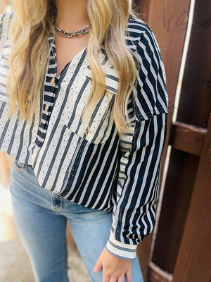 Black + White Stripe Perforated Quarter Button Top