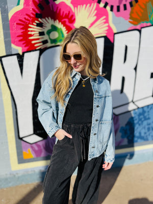 Boxy Acid Wash Denim Jacket w/ Front Pockets