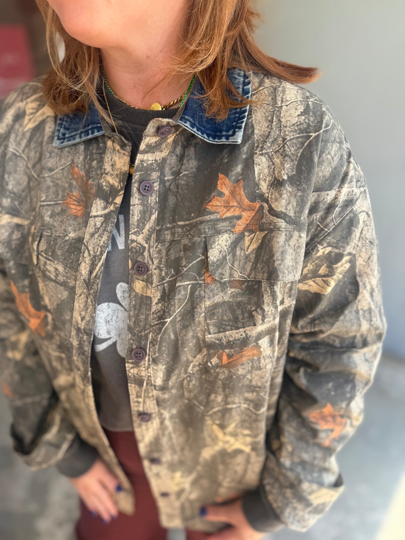 J.NNA Camo Long Sleeve w/ Denim Collar