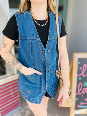 Medium Wash Long Line Denim Vest w/ Pockets